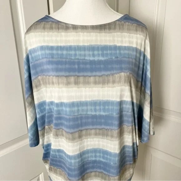 H by Halston Cold Shoulder Watercolor Stripes Boho Blouse-Blue Gray-Size Small