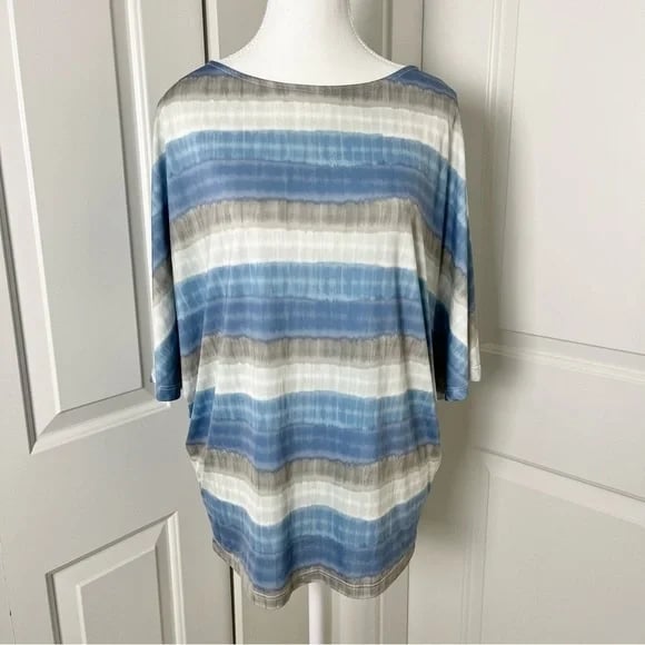 H by Halston Cold Shoulder Watercolor Stripes Boho Blouse-Blue Gray-Size Small