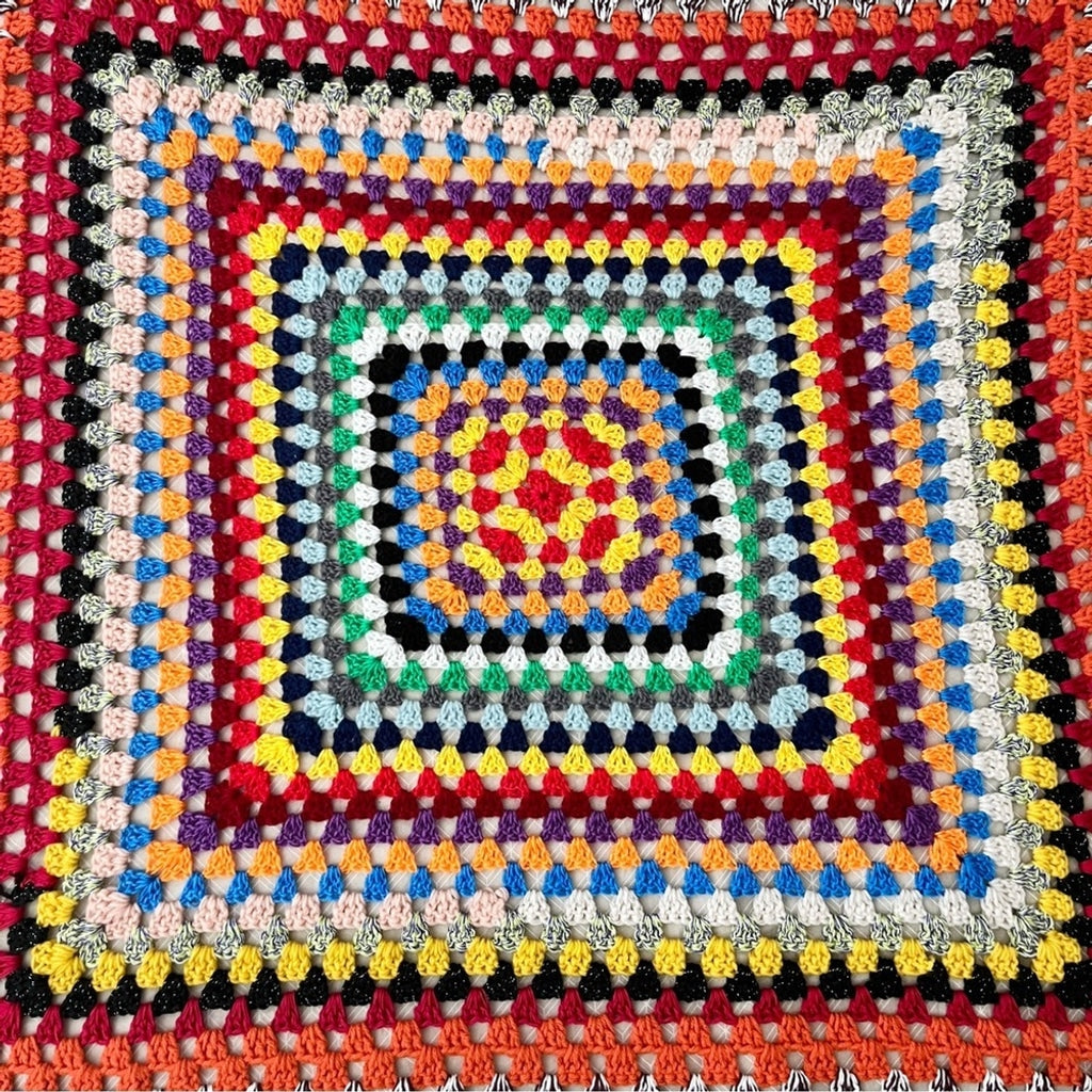 Vintage Granny Square Crocheted Afghan Multicolored Boho Throw Blanket Handmade