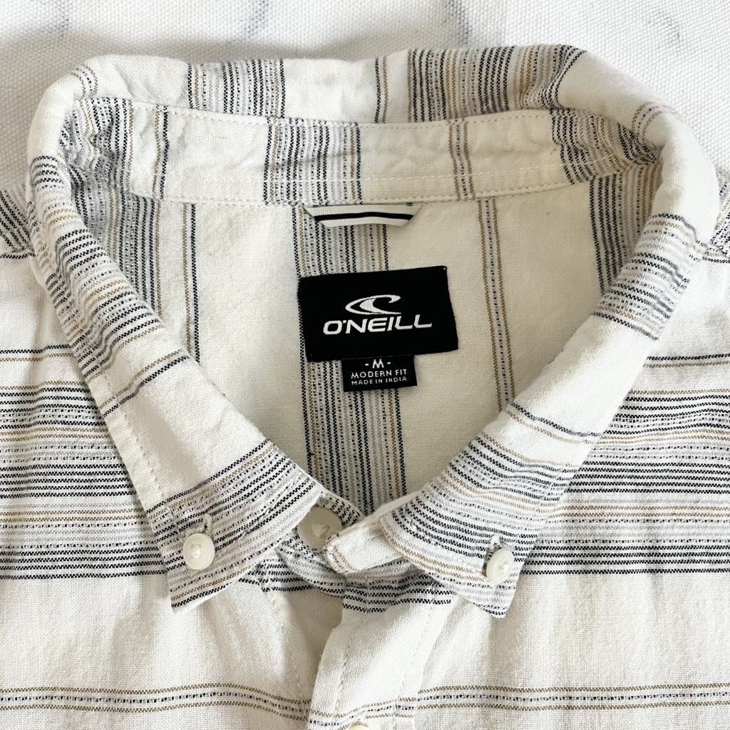O'Neill Striped Button Up Casual Short Sleeve Shirt Beige Gray Neutrals, Medium