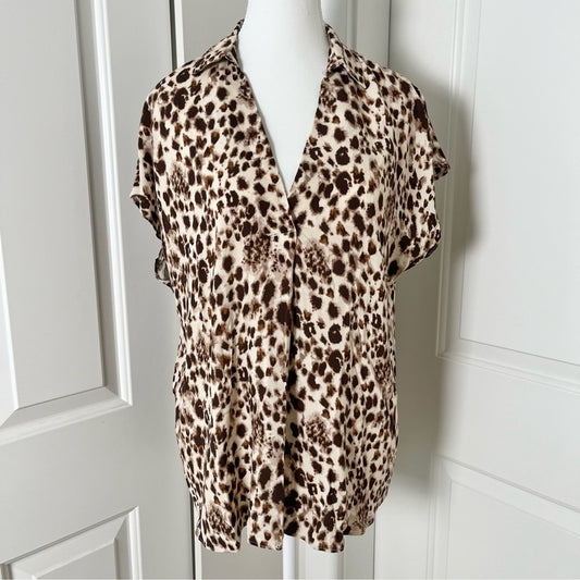 H by Halston Animal Print V-neck Collared Blouse-Brown and Cream-Women Medium