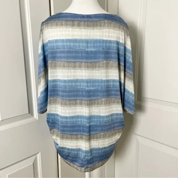 H by Halston Cold Shoulder Watercolor Stripes Boho Blouse-Blue Gray-Size Small