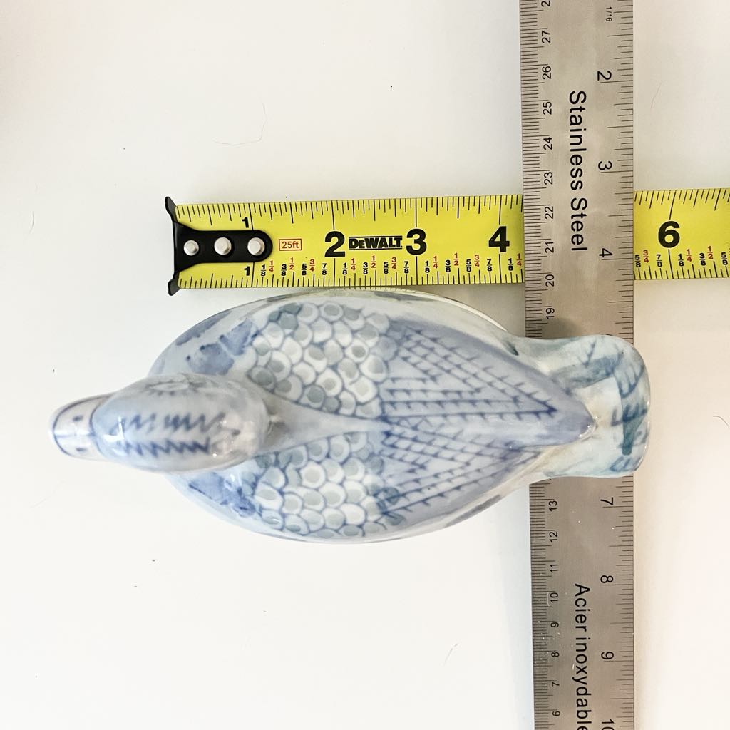 Set of 2 Vintage Chinese Blue & White Ceramic Duck & Floral Trinket Lidded Boxes