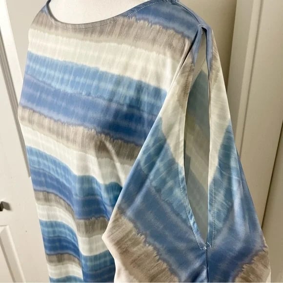 H by Halston Cold Shoulder Watercolor Stripes Boho Blouse-Blue Gray-Size Small