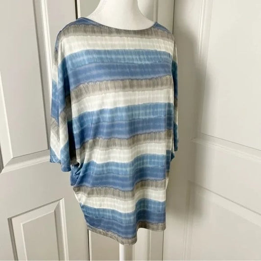 H by Halston Cold Shoulder Watercolor Stripes Boho Blouse-Blue Gray-Size Small