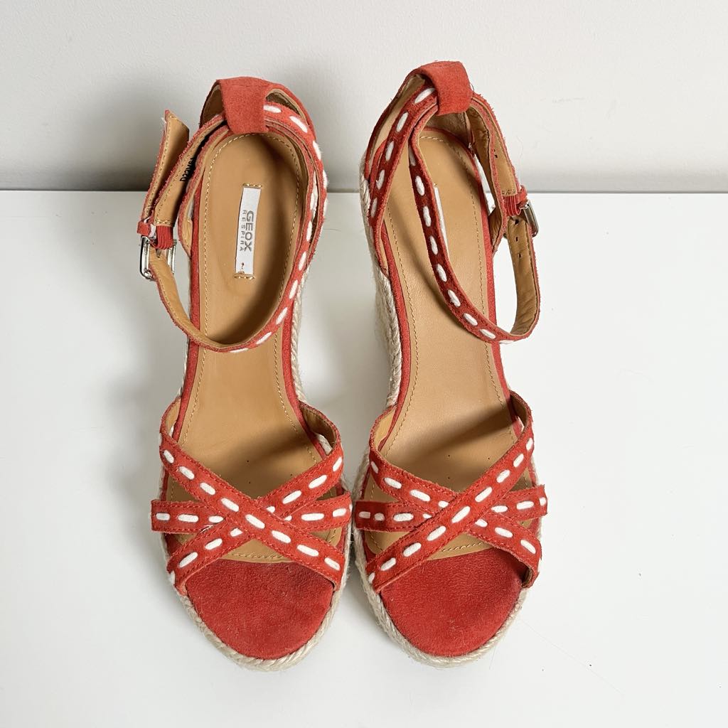 Geox Respira Strappy Suede Red Espadrilles Wedge Heels, EU 39.5