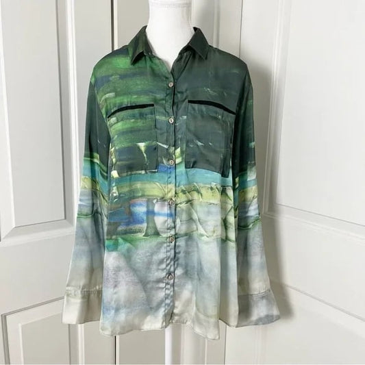 Wollner Abstract Watercolor Tie Dye Oversized Button Down Shirt-Green- Women's Medium