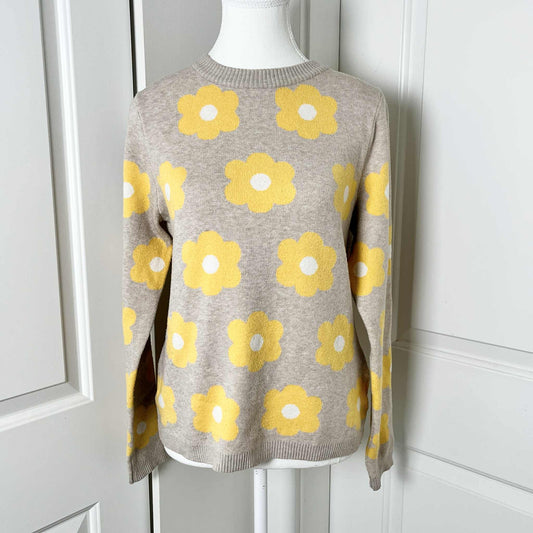 Cynthia Rowley Yellow Poppy Floral Sweater – Greige Crewneck Pullover, Medium