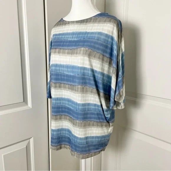 H by Halston Cold Shoulder Watercolor Stripes Boho Blouse-Blue Gray-Size Small