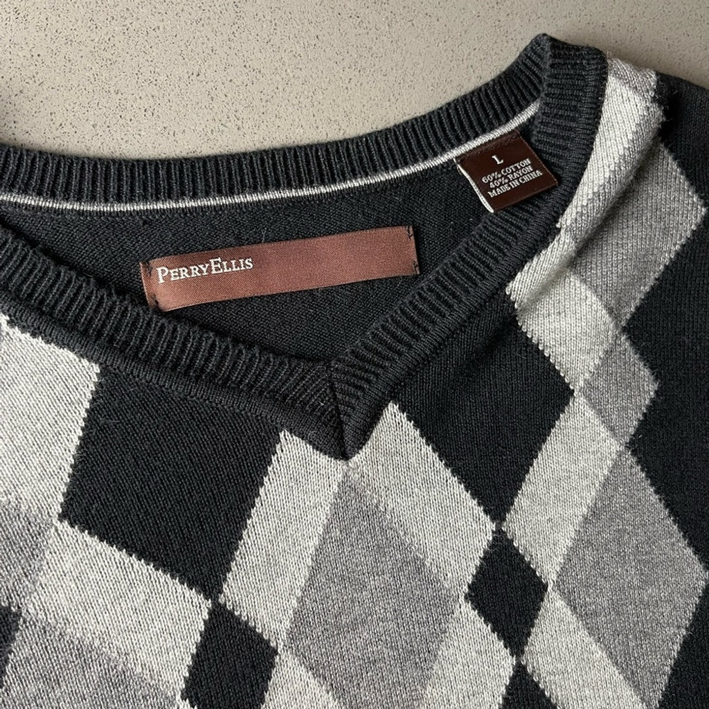 Perry Ellis Retro Argyle Sweater-Black-Men Large