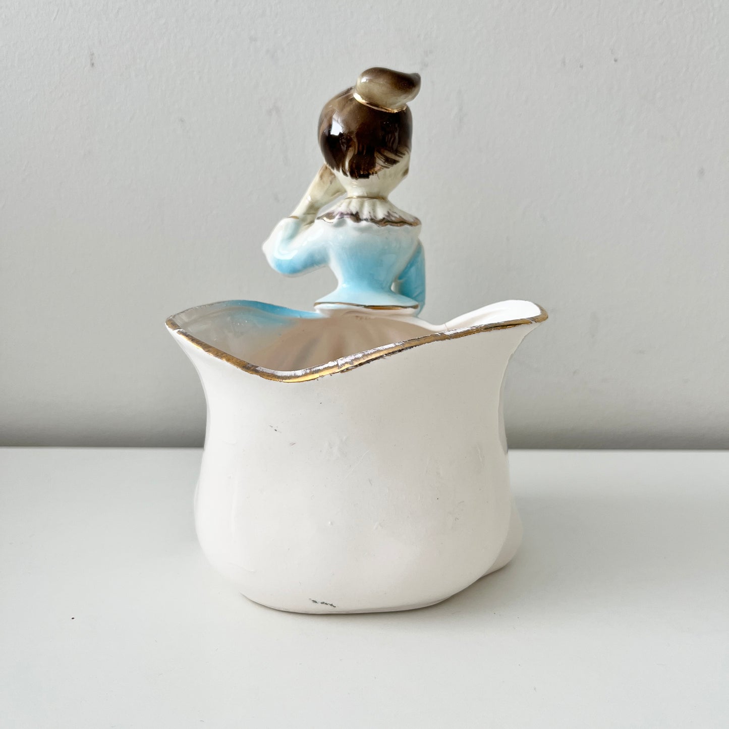 Vintage Kawaii Big Eye Girl Planter Vase Blue Gown Gold Enamel, Made in Japan