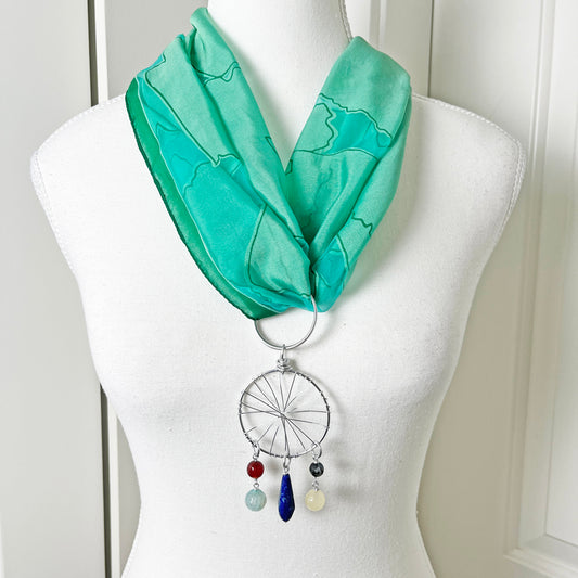 Green Sheer Scarf Kerchief with Convertible Dreamcatcher Gemstone Necklace Set