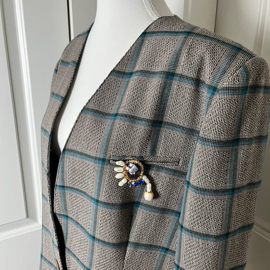 Vintage Oversized Grid Pattern Wool Blazer with Handmade Brooch, Women's Large
