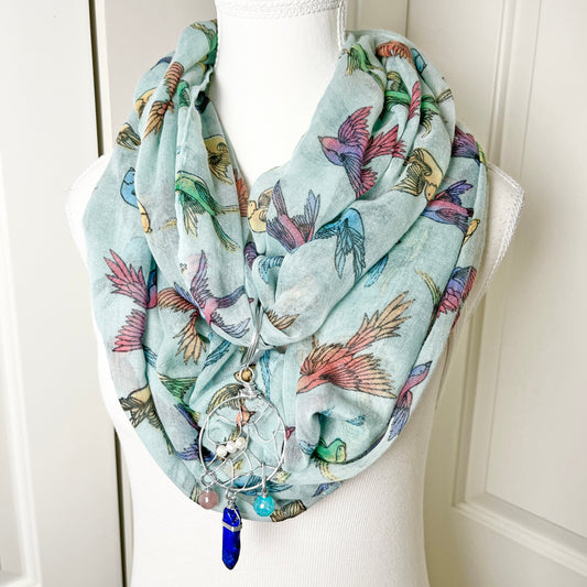 Year-Round Pastel Birds Infinity Scarf with Convertible Gemstone Dreamcatcher Necklace Set