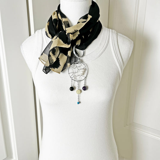 Urban Edge: Sheer Animal Print Scarf with Convertible Gemstone Dreamcatcher Necklace Set