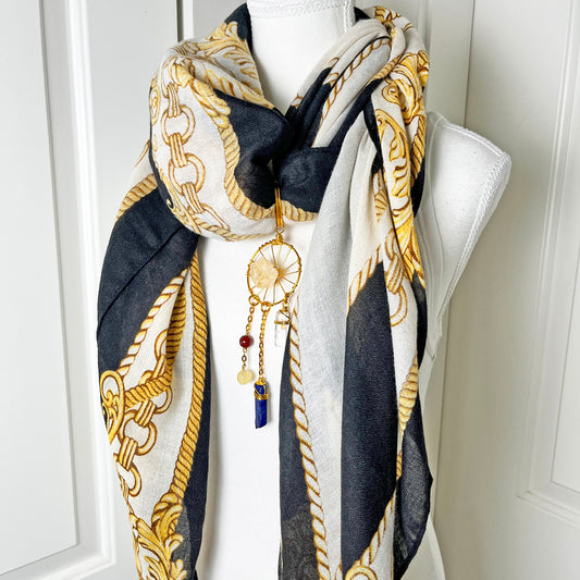 Vintage Art Noveau Gold Chain Print Scarf and Convertible Dreamcatcher with Gemstones Necklace Set