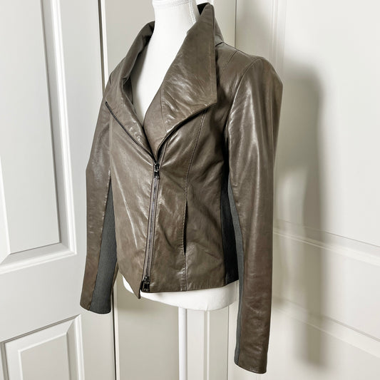 Vince Asymmetrical Leather Moto Style Scuba Jacket - Olive Green/Sage, Medium