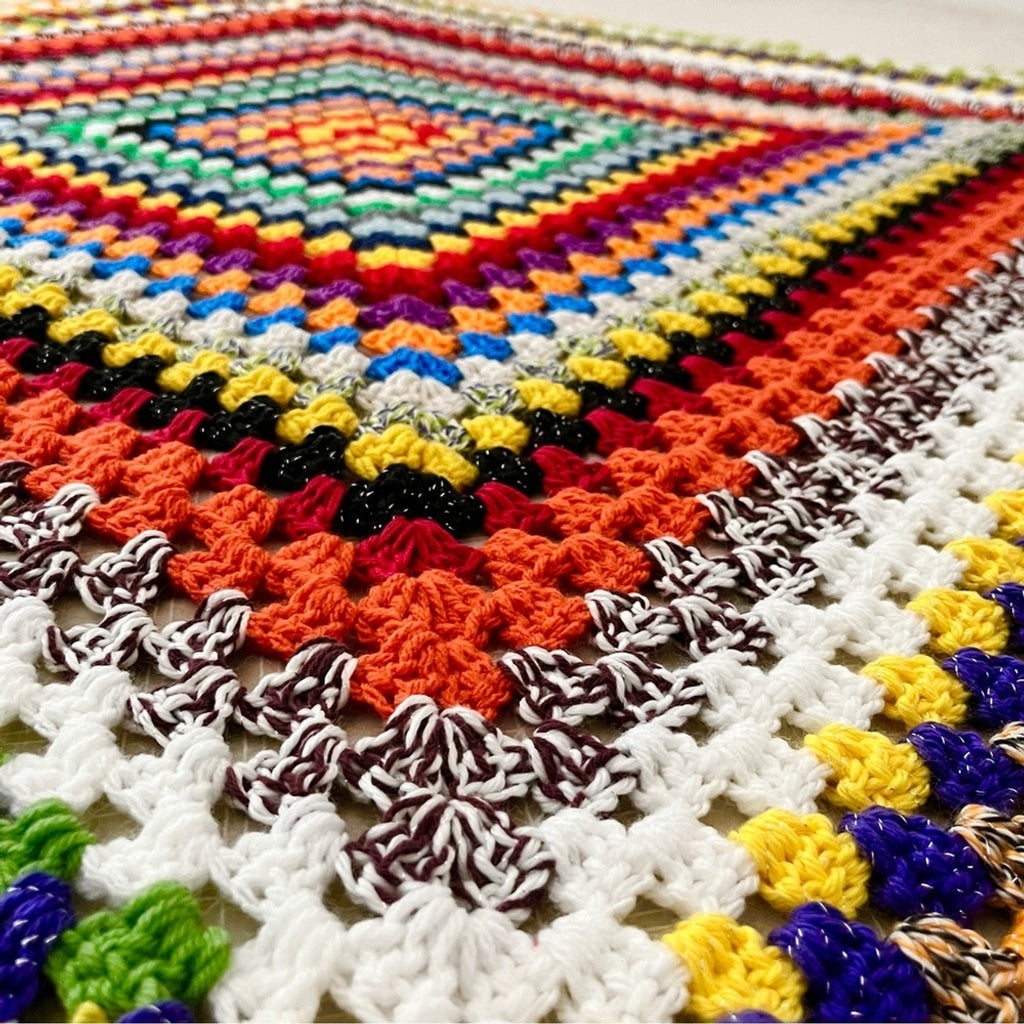 Vintage Granny Square Crocheted Afghan Multicolored Boho Throw Blanket Handmade