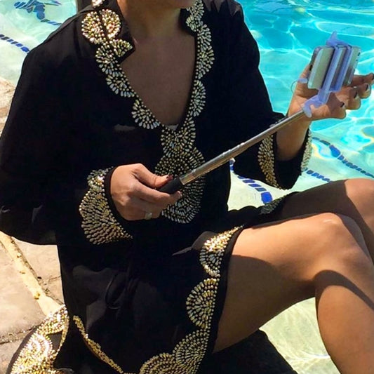 Vera Harris Tunic Cover-up Sheer Fabric Gold Tone Beads Black Kaftan Women's S/M