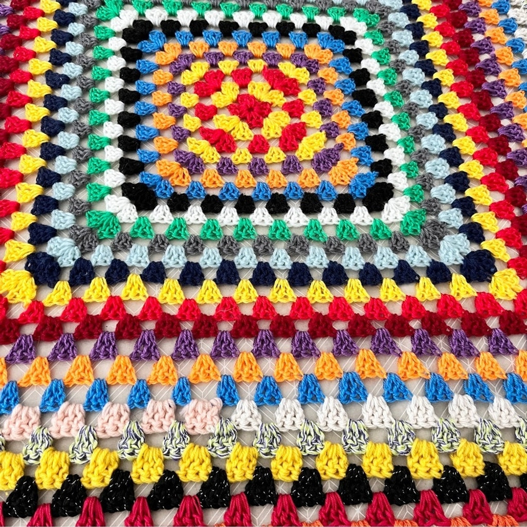 Vintage Granny Square Crocheted Afghan Multicolored Boho Throw Blanket Handmade