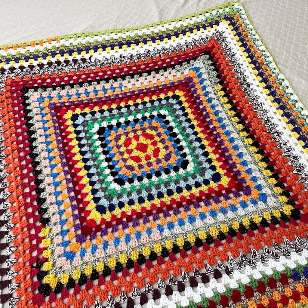 Vintage Granny Square Crocheted Afghan Multicolored Boho Throw Blanket Handmade