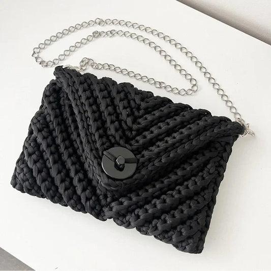 Chic Chevron Shoulder Bag / Clutch Woven Jersey Fabric, Silver Chain Strap Magnetic Clasp