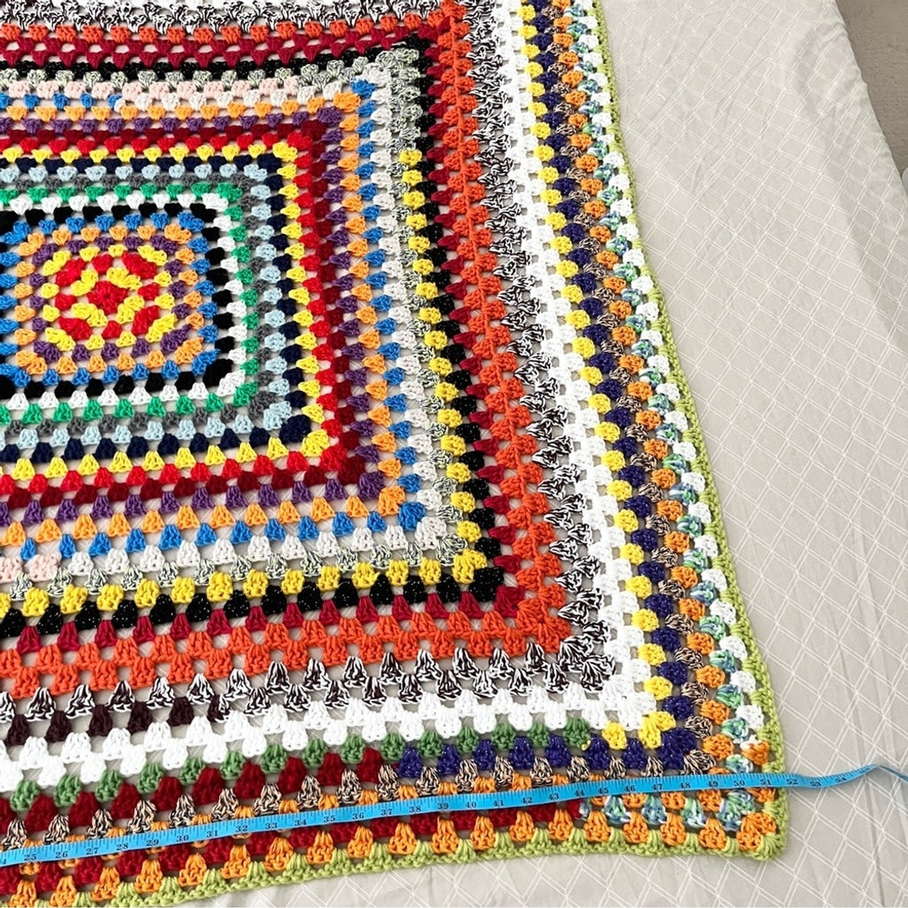 Vintage Granny Square Crocheted Afghan Multicolored Boho Throw Blanket Handmade