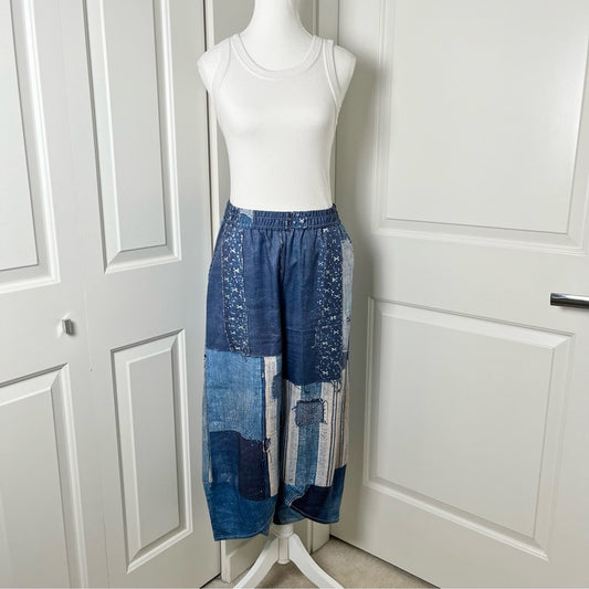 Boho Patchwork Barrel Lounge Pants – Digital Denim Print, Garterized Comfort, Medium