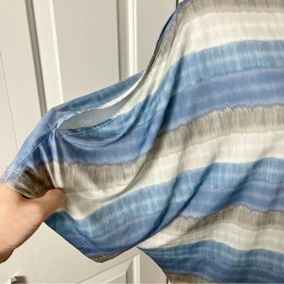H by Halston Cold Shoulder Watercolor Stripes Boho Blouse-Blue Gray-Size Small