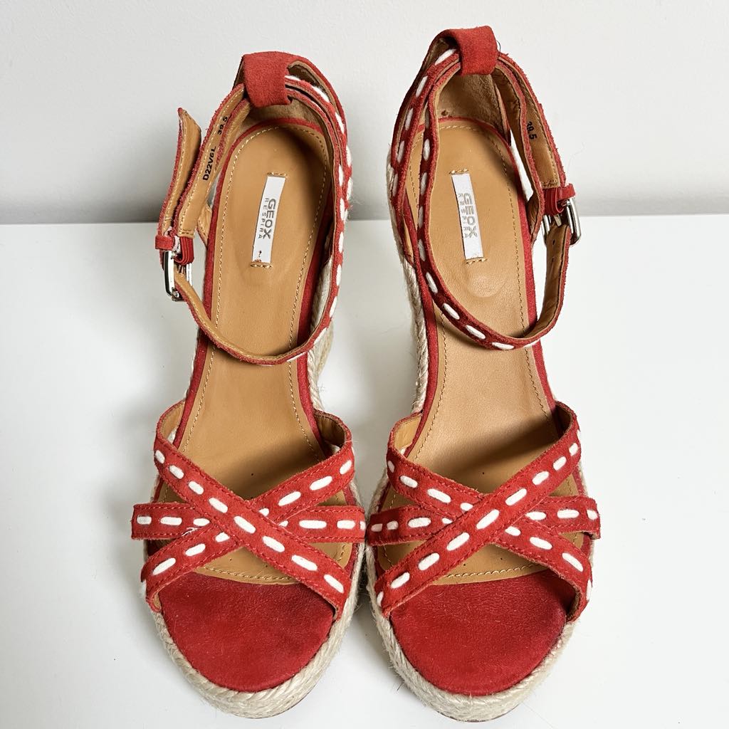 Geox Respira Strappy Suede Red Espadrilles Wedge Heels, EU 39.5