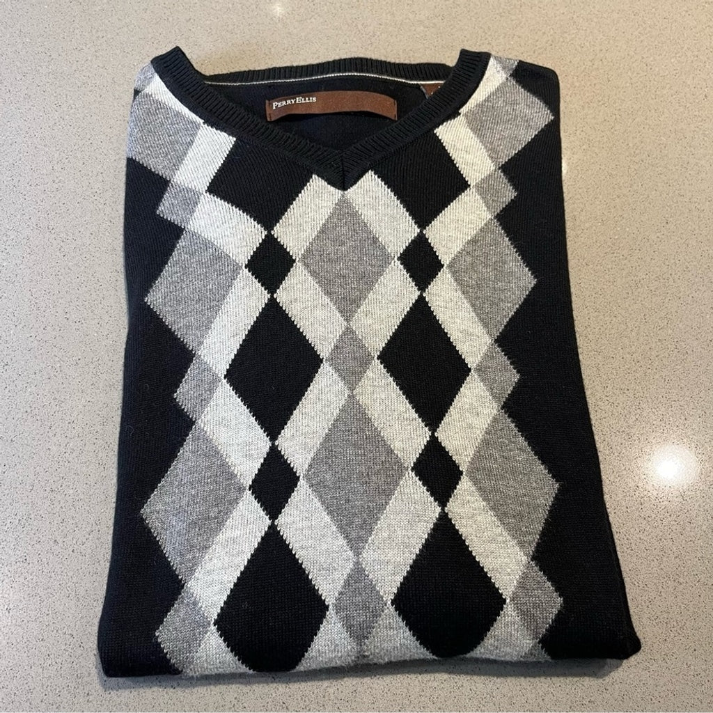 Perry Ellis Retro Argyle Sweater-Black-Men Large