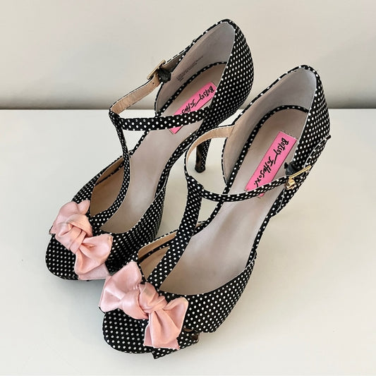 Betsey Johnson Retro Pinup Coquette Polka Dot Pink Ribbon T Strap Heels - 7.5M