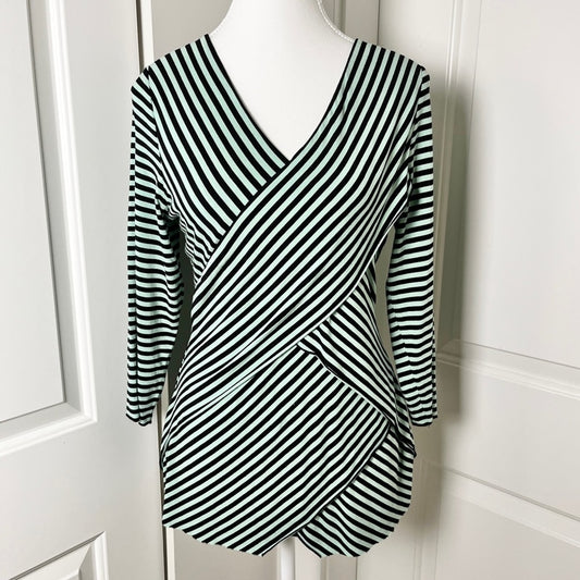 Vince Camuto Striped Bandage Inspired Crossover Top - Light Green & Black - Size Medium